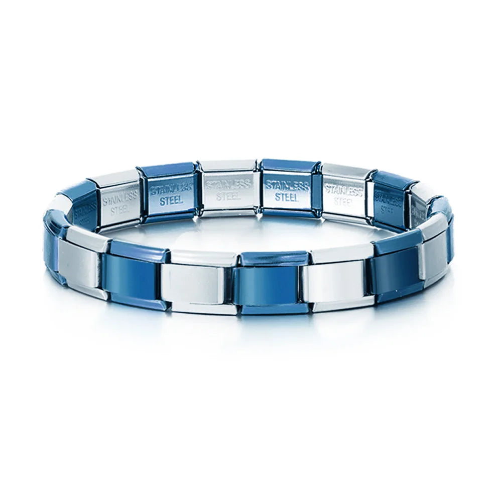 9mm stainless steel Italian charm bracelet with elastic DIY link chain - blue silver