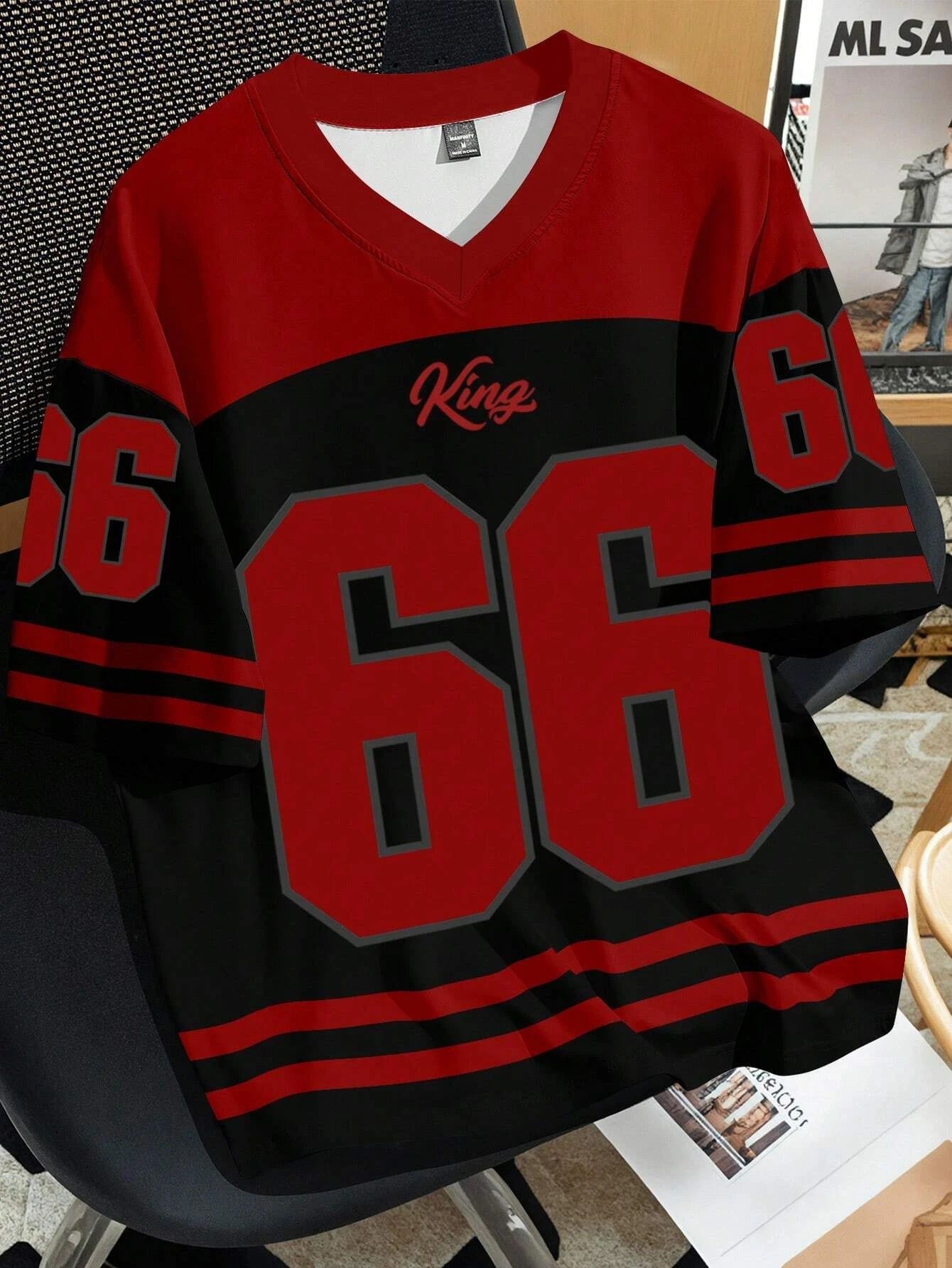 Women Clothing No.66 V-neck Football Jersey -red black
