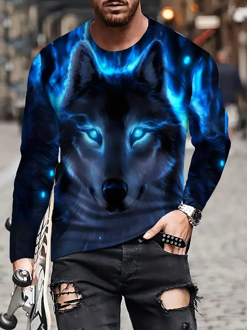 Person wearing a blue wolf graphic sweatshirt with glowing eyes in an urban setting.