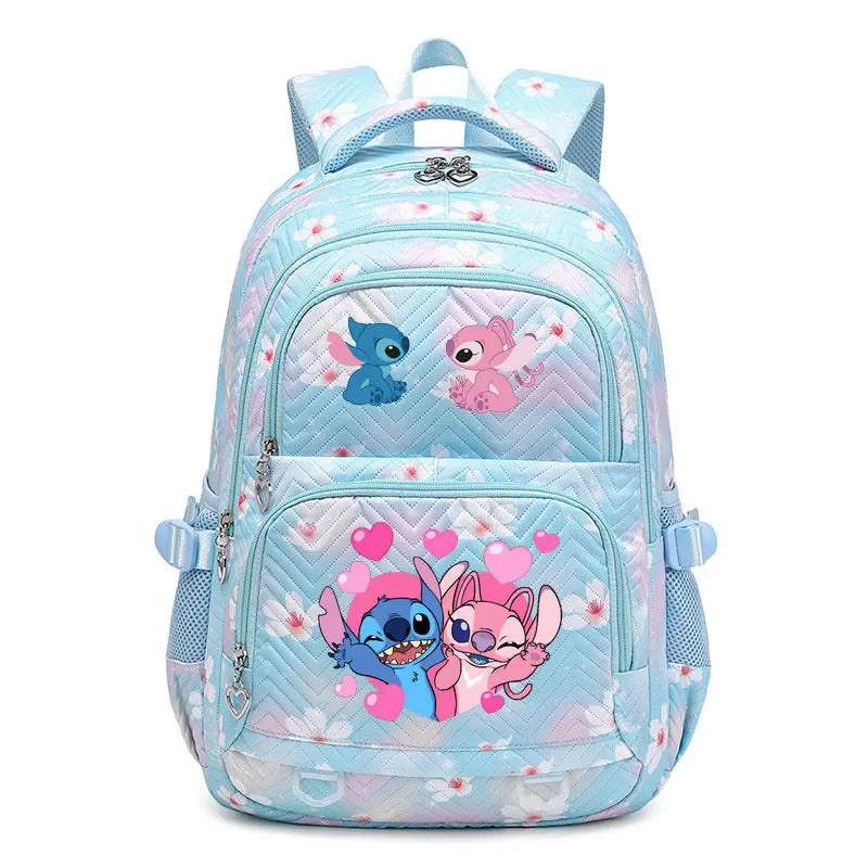 Light blue backpack with cartoon character design on a white background