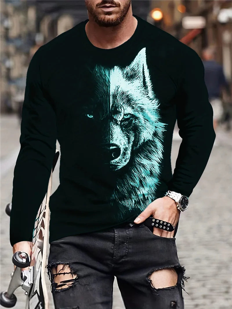 Person wearing a black long-sleeve shirt with a wolf graphic design outdoors.