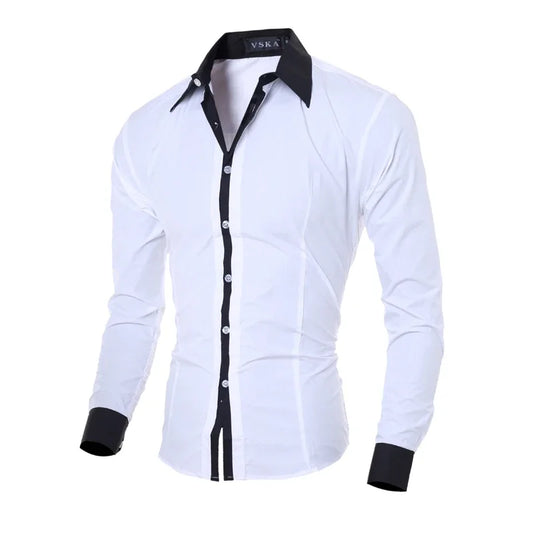 Men’s Slim White Striped Shirt – Long Sleeve Business Casual Top