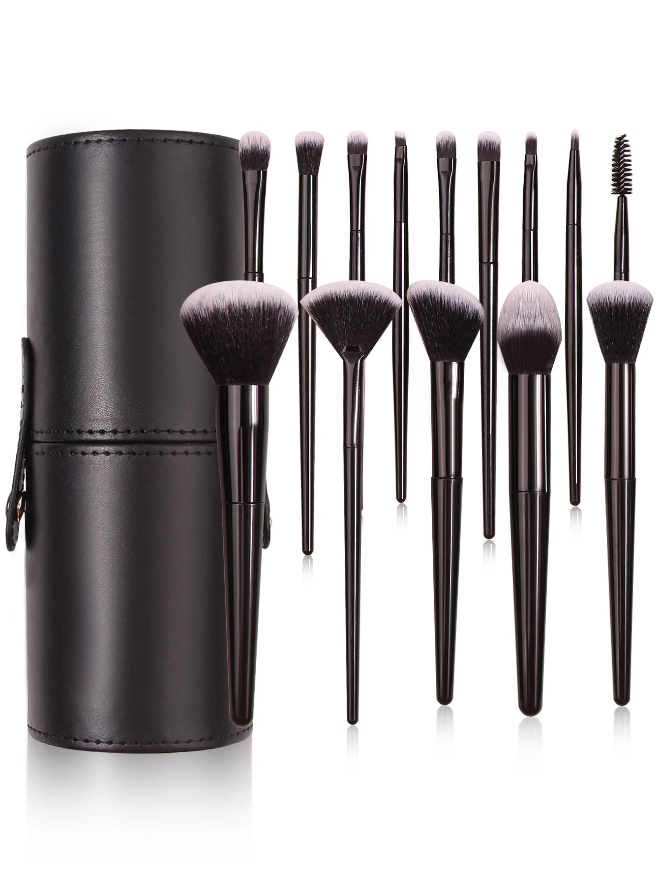 Set of makeup brushes with a black cylindrical holder on a white background