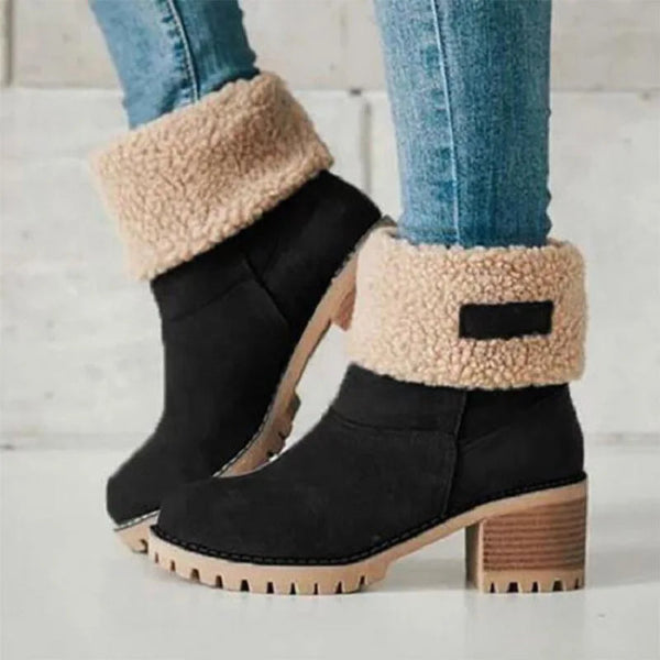 Women’s warm fur-lined ankle snow boots with wool interior, comfortable and casual design, available in plus sizes -  Black