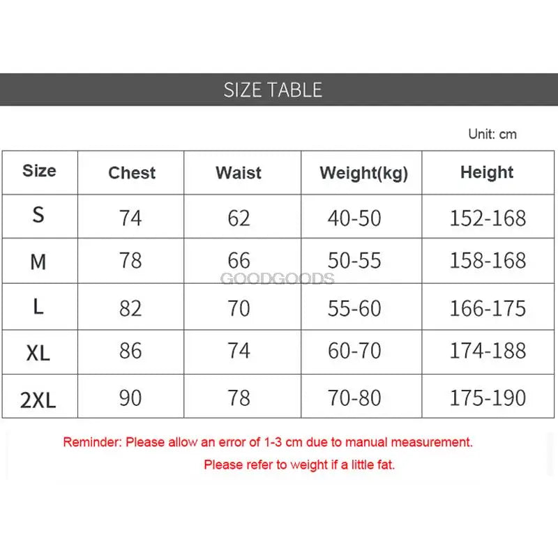 Size chart for clothing with measurements in centimeters