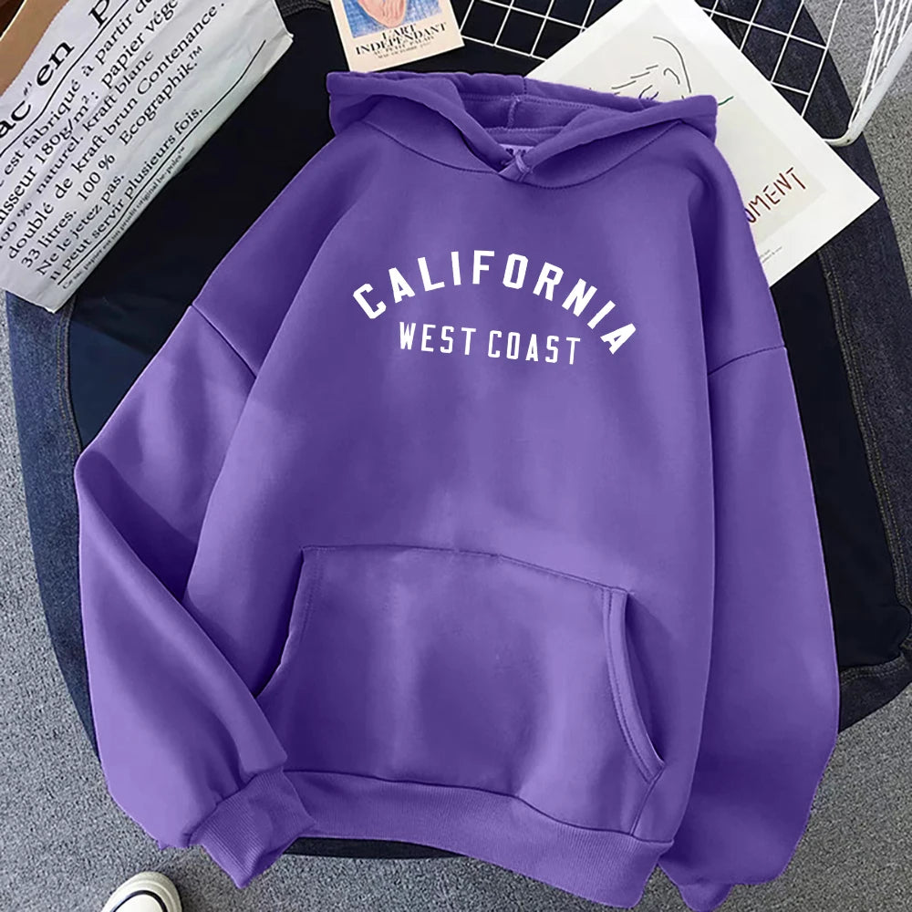 Women's California West Coast loose hoodie with creative pattern and fleece lining-purple