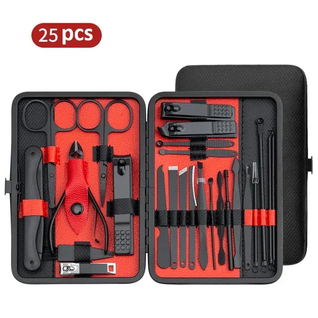 A 25-piece manicure set displayed in an open black case with yellow accents, including various nail clipppers, scissors, and other nail care tools.