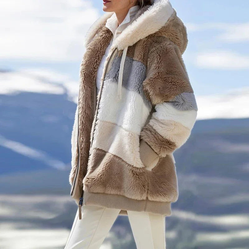 Faith Winter Fashion Women's Hooded Thick Cashmere Coat with Plaid Stitching- 2nd caramel