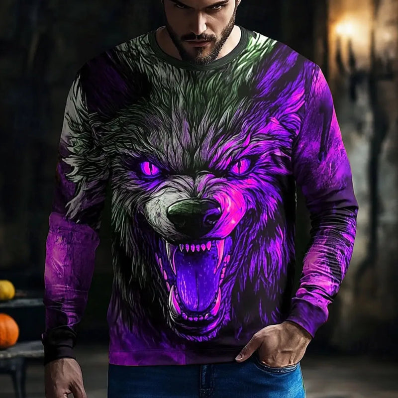 Person wearing a sweater with a wolf design featuring purple and pink colors.