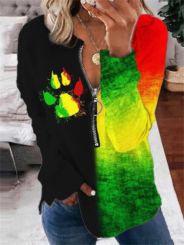 Women’s Vintage Wolf Graphic Oversized Zip-Up Hoodie with Zipper Closure-green yellow