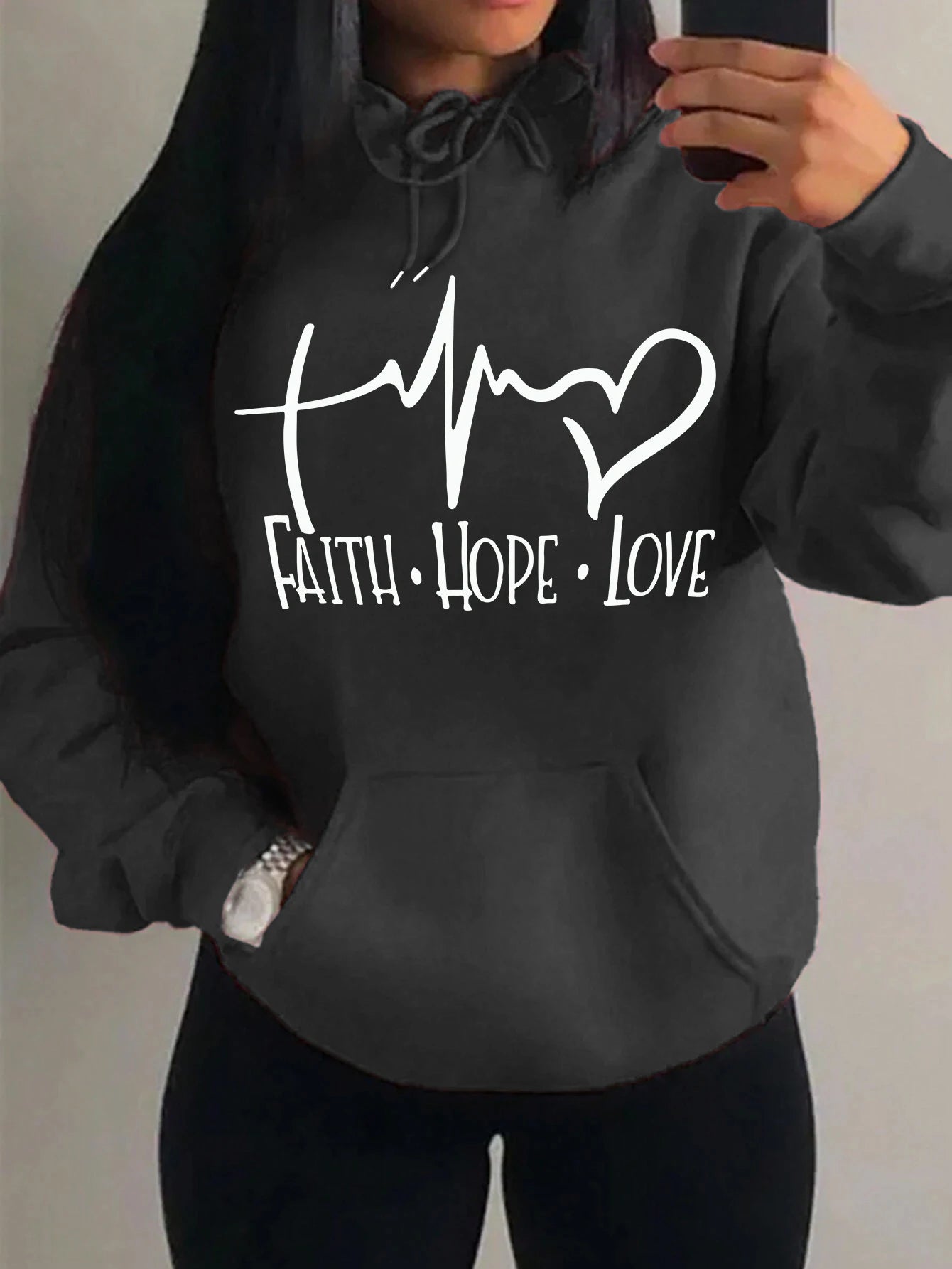 Faith Hope Love Letter Graphic Women’s Hoodie - Street Casual Sweatshirt-black 2