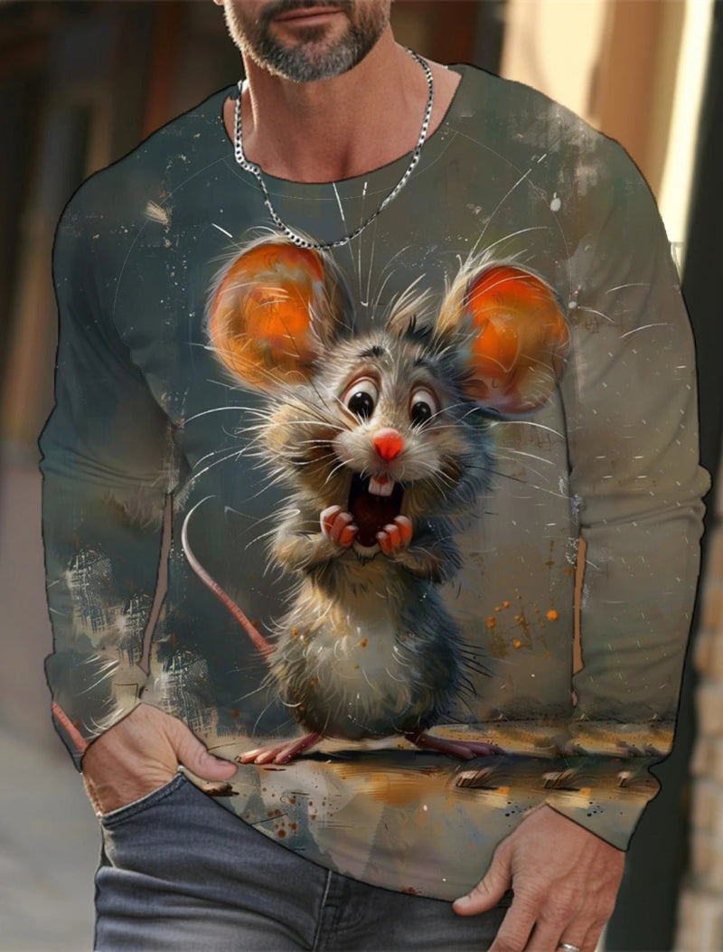 Person wearing a shirt with a cartoon mouse design on a blurred background