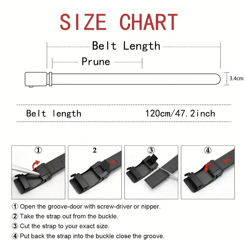 Men’s tactical nylon belt with automatic metal buckle for work and sport  -  Size chart