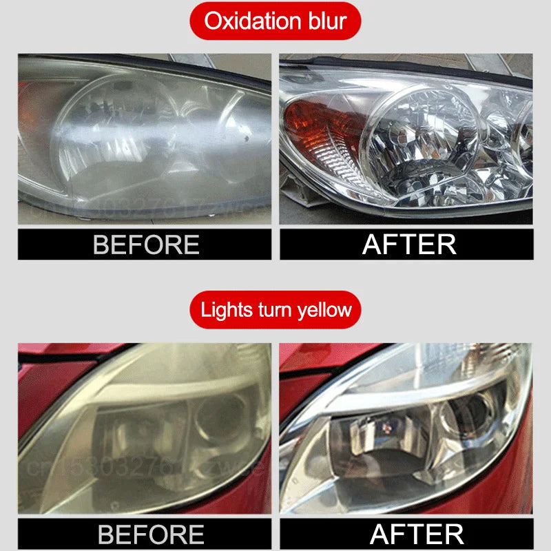 Before and after comparison of car headlights showing oxidation blur and yellowing effect.