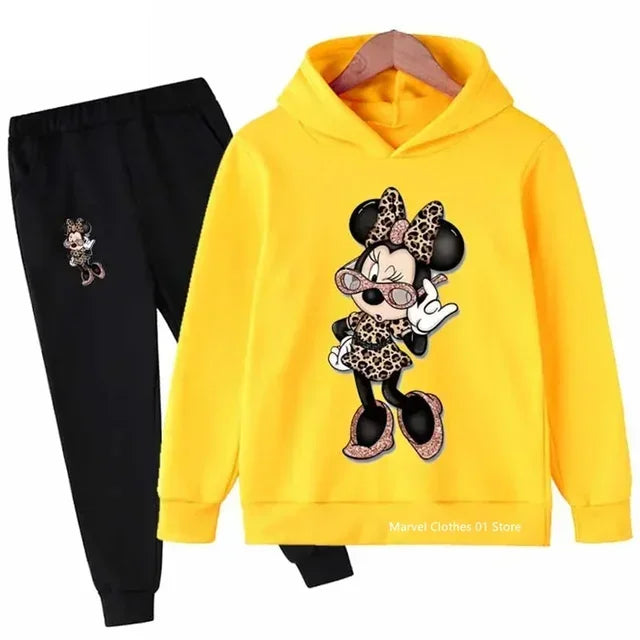 Children’s Minnie Mouse hoodie and pants set for boys and girls, cozy long sleeve outfit black yellow2