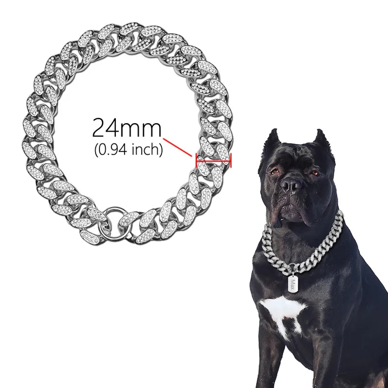 Golden ABS plastic dog collar with diamond inlay sparkle, chain design, suitable for small to large dogs and cats, stylish pet accessory. - 03