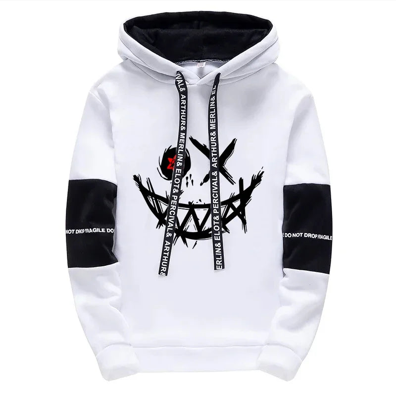White hoodie with black accents and graphic design on a white background