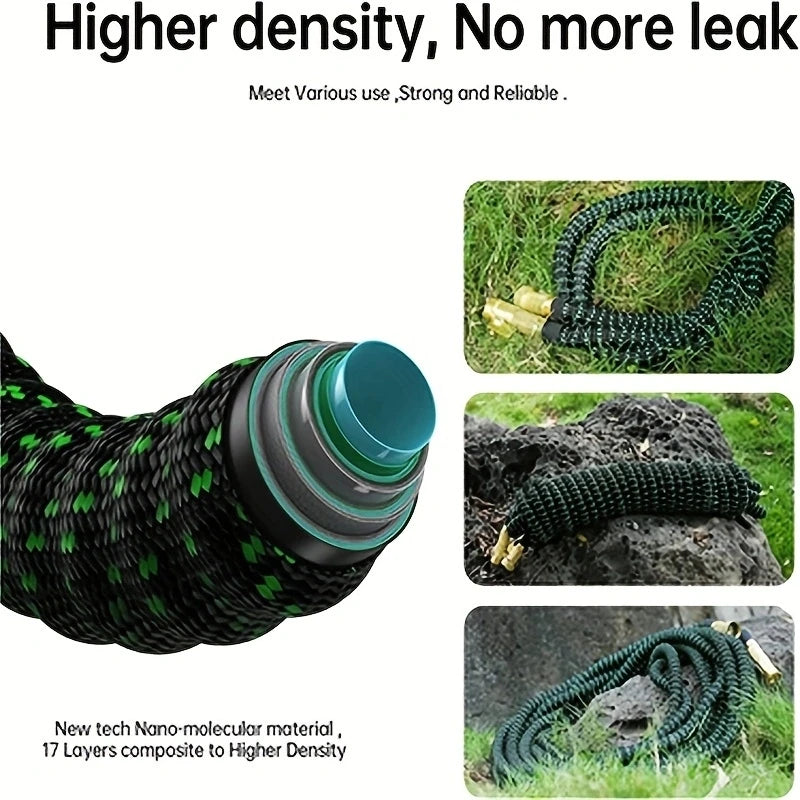 Green garden hose with text highlighting features on a white background
