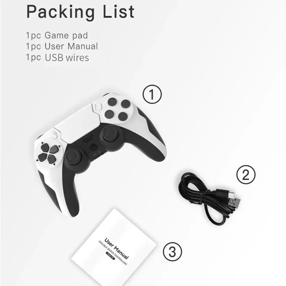 GAMINJA P48 wireless game controller with six-axis gyroscope and dual vibration for PS4, PS3, and PC gaming- packing list