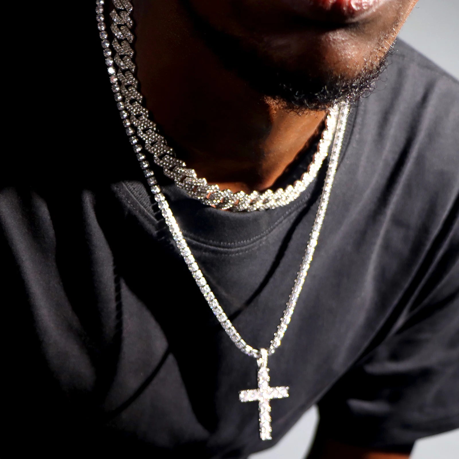 2pcs iced out hip hop Cuban chain and cross tennis necklace for men and women - silver color
