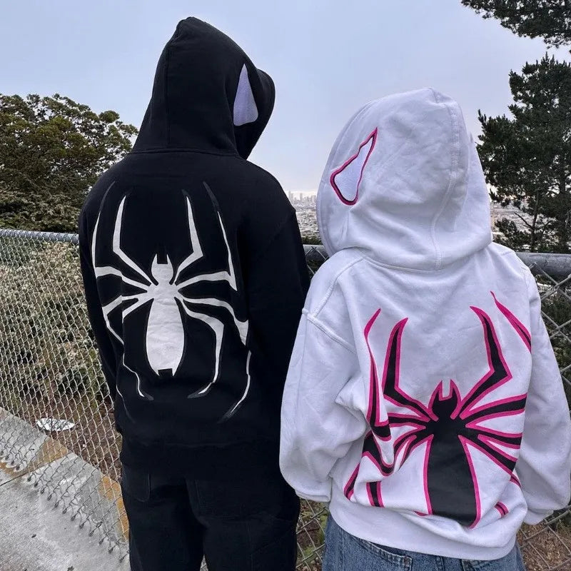 Full zip up spider graphic hoodie for men and women, oversized Harajuku punk gothic Y2K streetwear sweatshirt jacket black and white