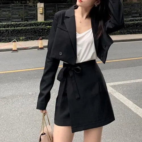 Cropped blazer for women – trendy Korean style notched slim fit chic solid color fashion suit outwear black 4