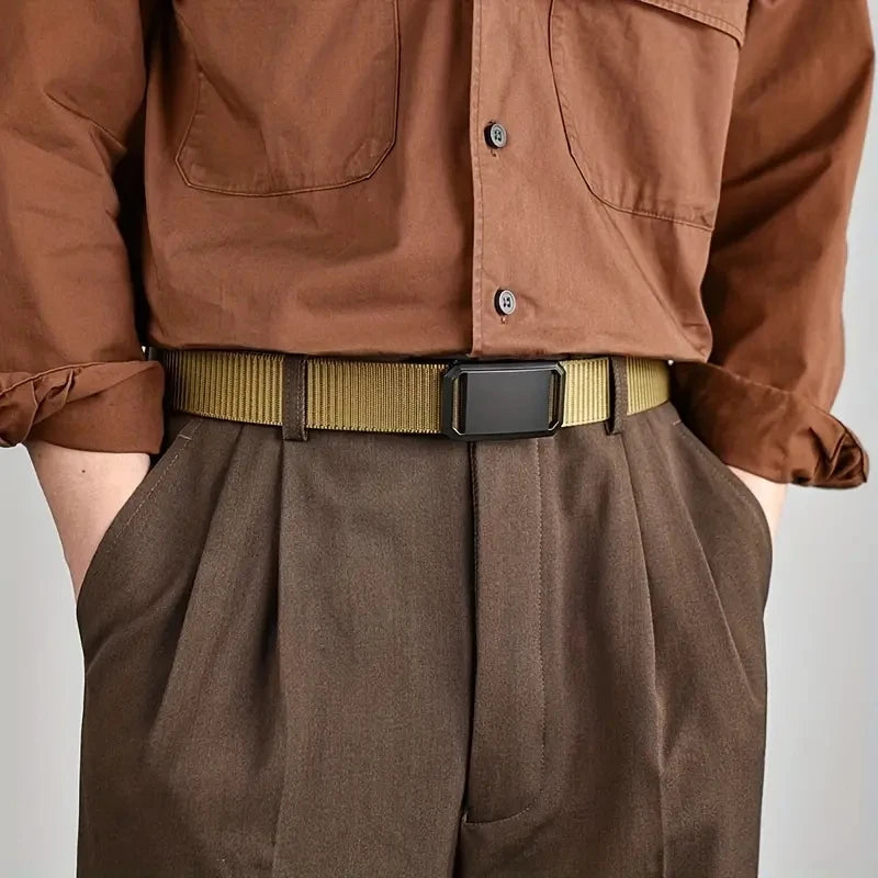 Men’s tactical nylon belt with automatic metal buckle for work and sport  -  beige