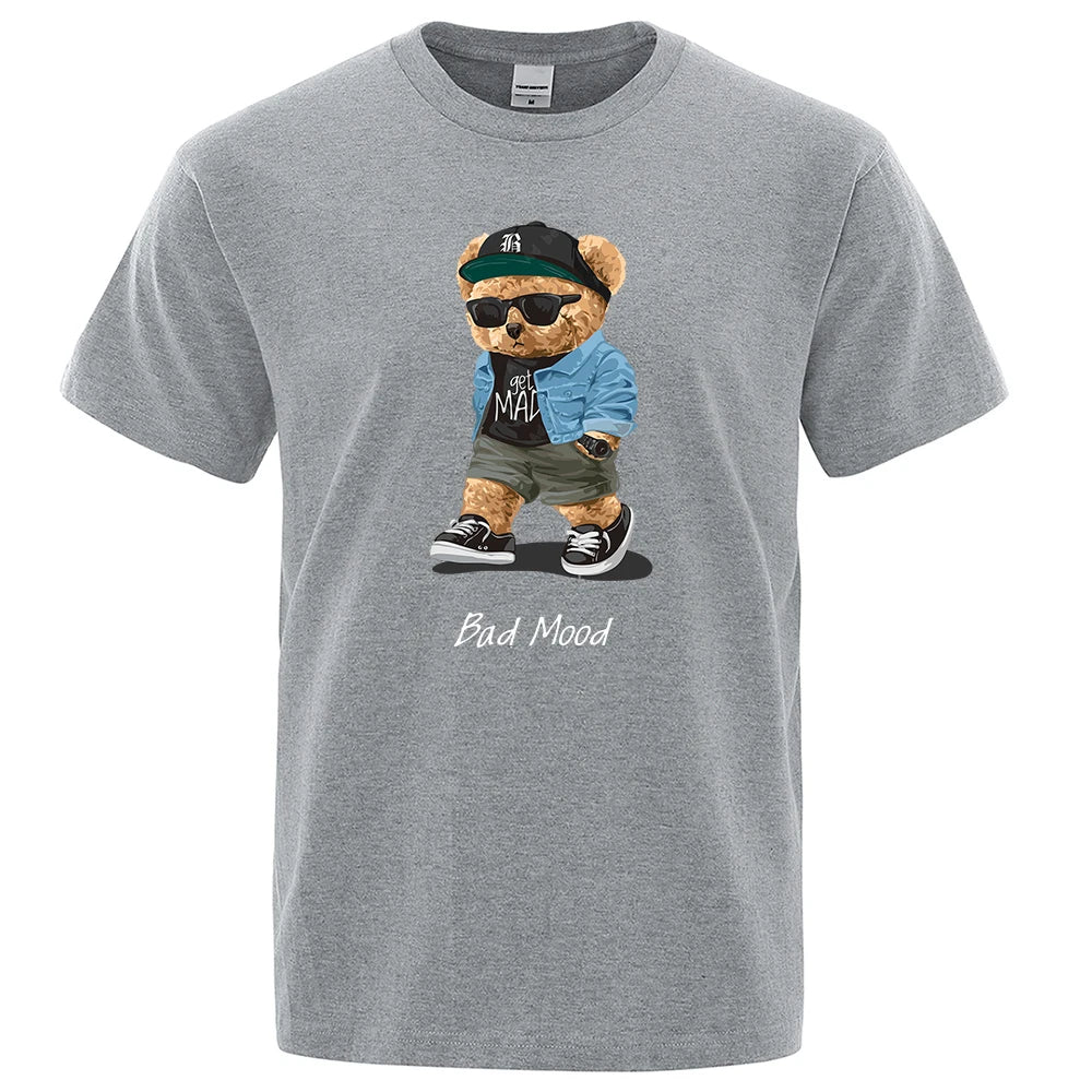 Gray t-shirt with a bear graphic wearing sunglasses, a cap, and a jacket, with 'Bad Mood' text.