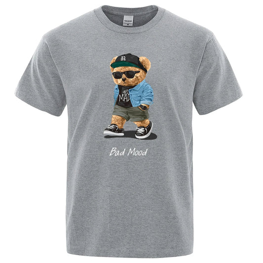 Gray t-shirt with a bear graphic wearing sunglasses, a cap, and a jacket, with 'Bad Mood' text.