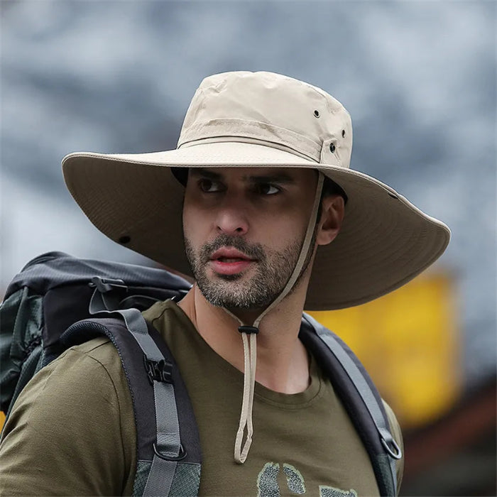 Summer large sun hat for men and women with breathable mesh and UV protection - Beige