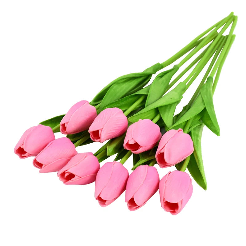 10PCS real touch artificial tulip flower bouquet for wedding, home, or garden decoration -dark pink