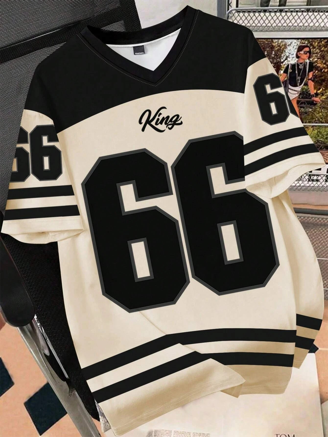 Women Clothing No.66 V-neck Football Jersey - black beige