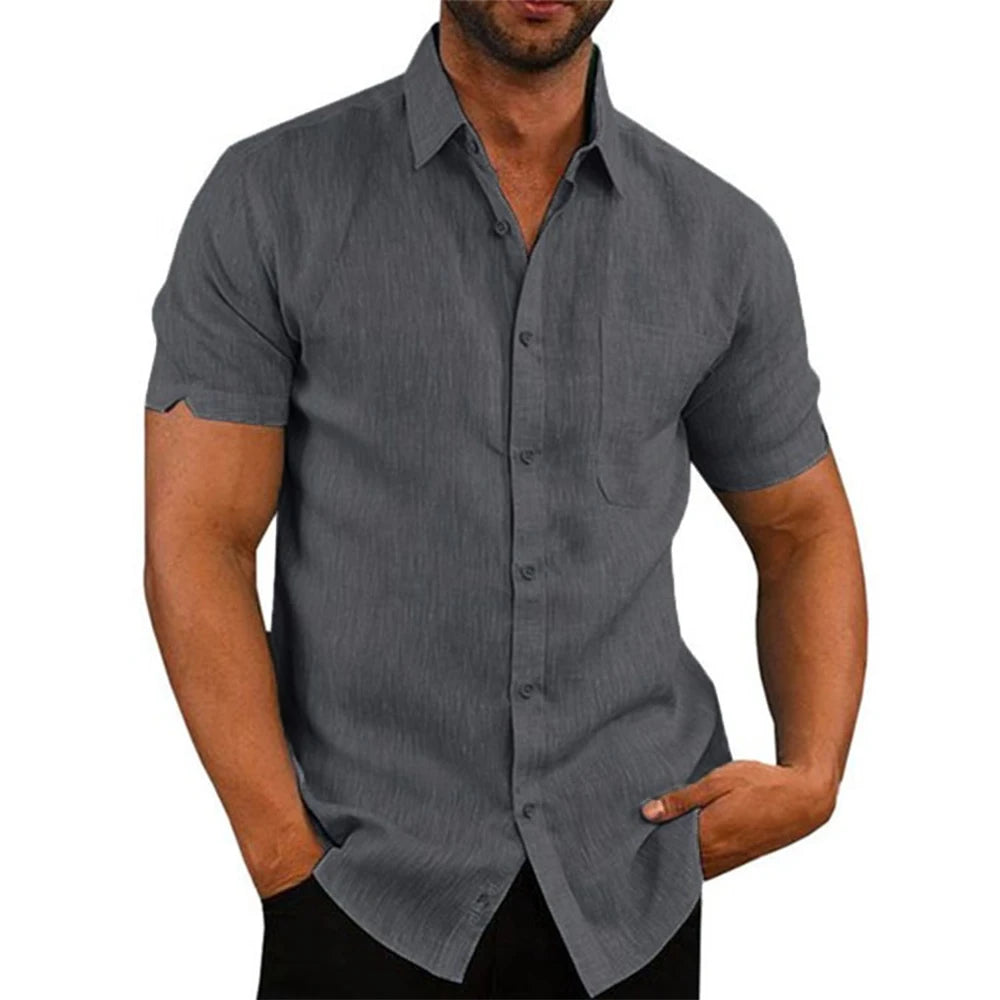 Men's Cotton Linen Summer Short Sleeve Shirt in Solid Color with Turn-down Collar, Casual Plus Size Beachwear -  gray