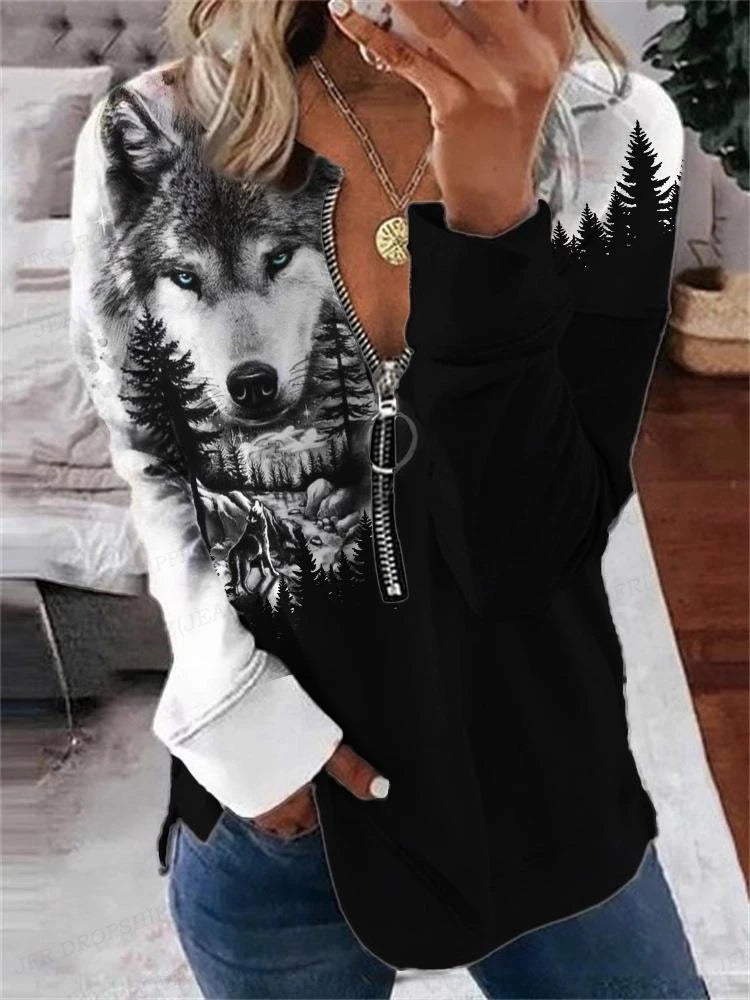 Women’s Vintage Wolf Graphic Oversized Zip-Up Hoodie with Zipper Closure-wolf