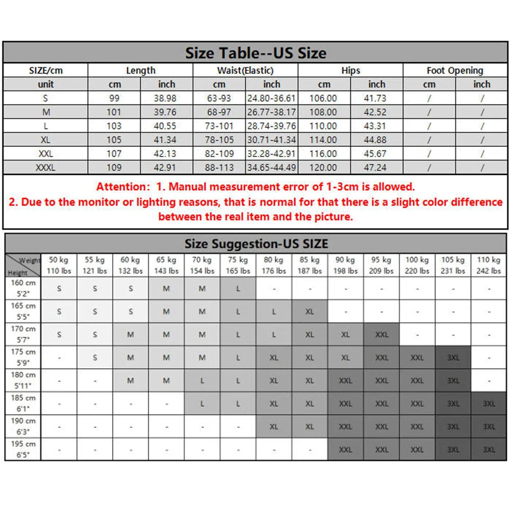 Size chart for US sizes with measurements in centimeters and inches.