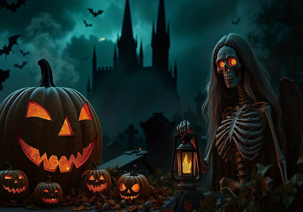 Halloween-themed scene with pumpkins and a skeleton in a dark, eerie setting.
