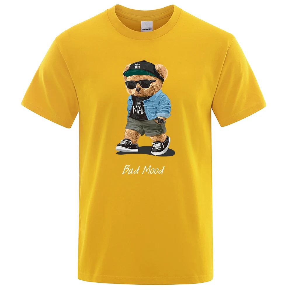 Yellow t-shirt with a bear graphic and 'Bad Mood' text on a white background