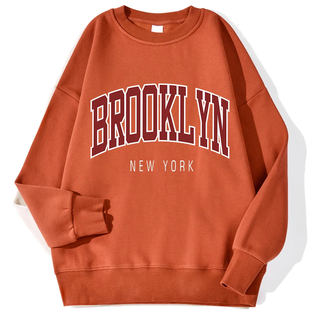 Brooklyn New Work Printed Hoodie Women’s Cotton Colorful Casual Top - brick
