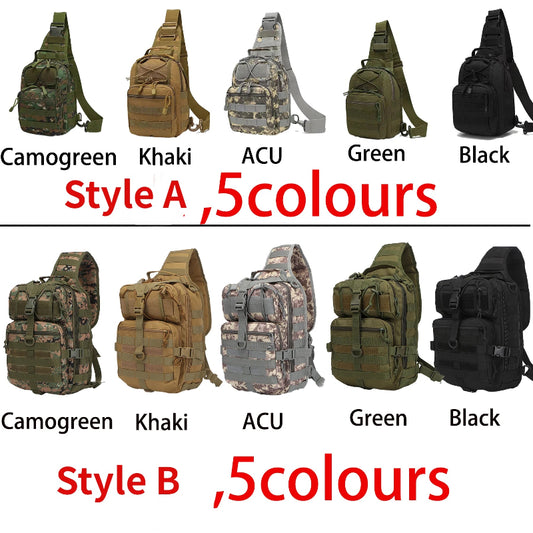 Collection of tactical shoulder bags in various colors with labels on a white background.