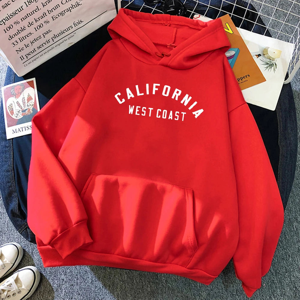 Women's California West Coast loose hoodie with creative pattern and fleece lining - red