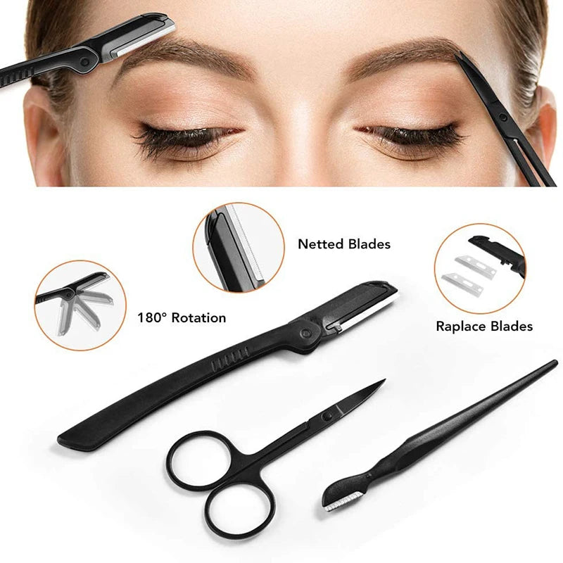Eyebrow grooming tools with close-up of a woman using them on her eyebrows.
