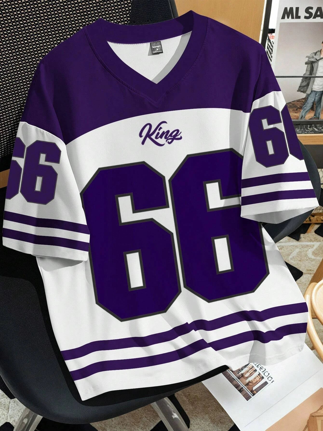 Women Clothing No.66 V-neck Football Jersey -white purple