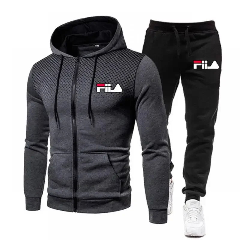 Gray hoodie and black pants with Fila logo on a white background