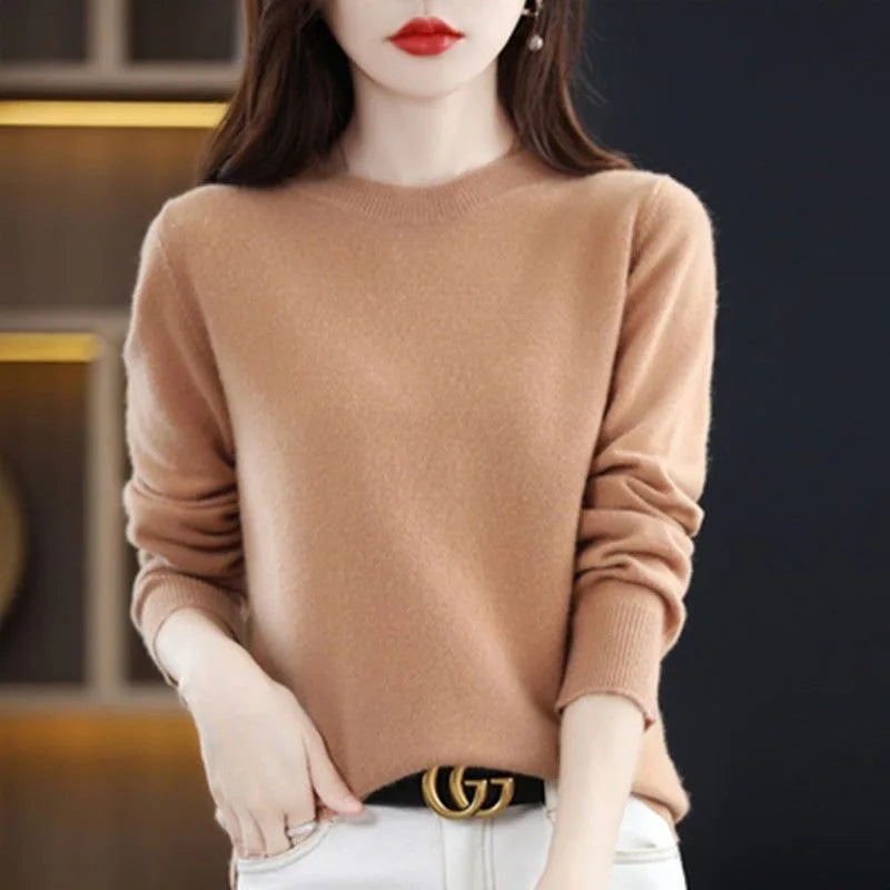 Women’s long-sleeved solid color knit pullover sweater with O-neck beige
