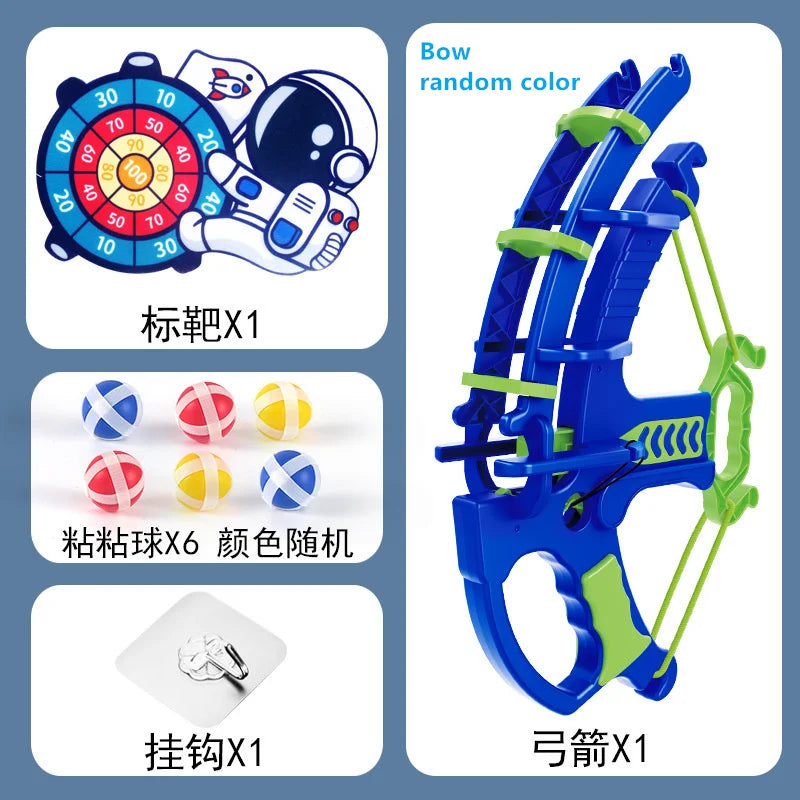 Toy bow and arrow set with target and colorful balls on a blue background