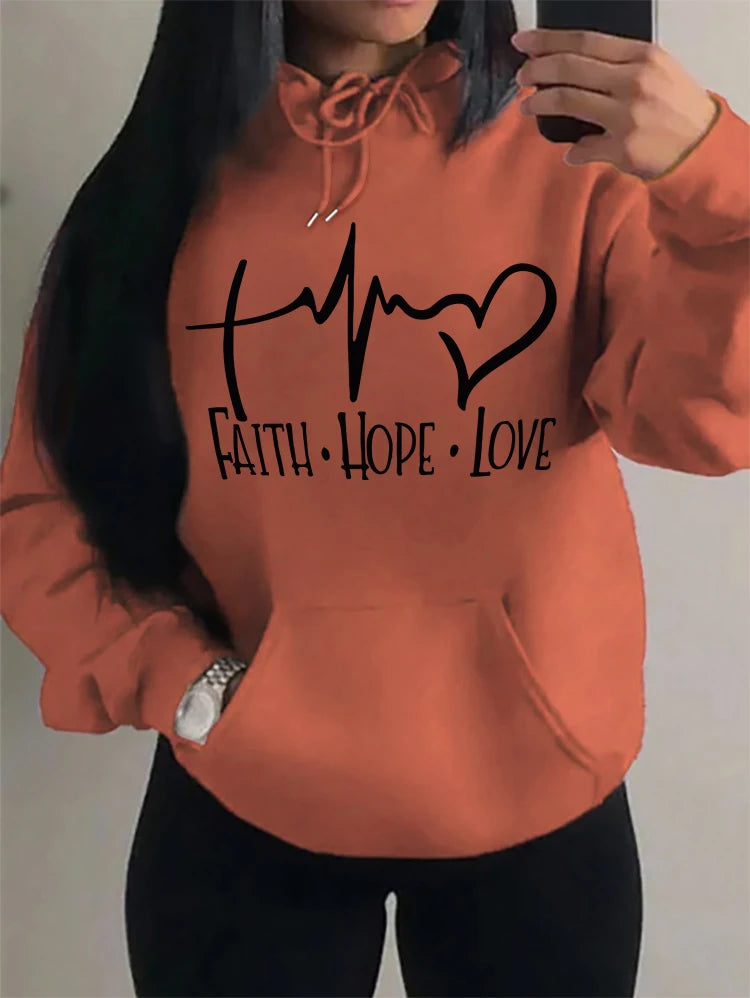 Faith Hope Love Letter Graphic Women’s Hoodie - Street Casual Sweatshirt-orange