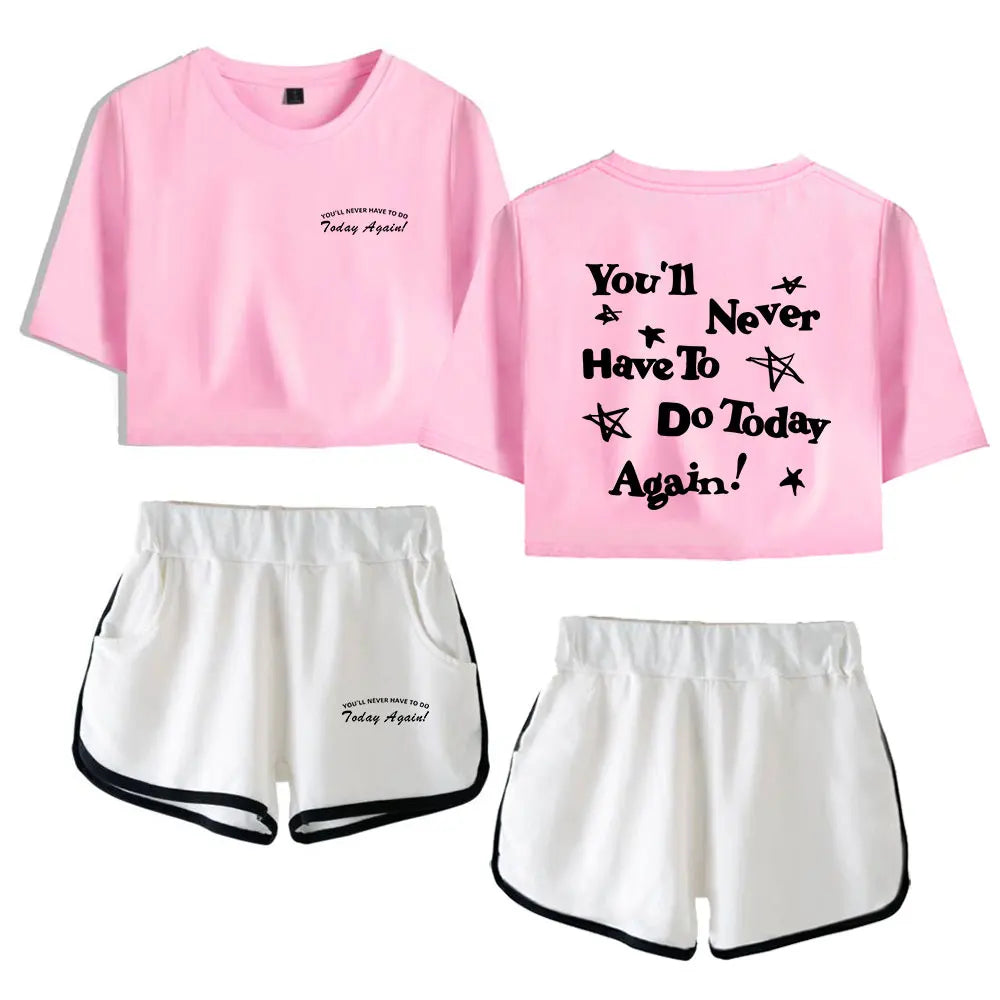 Pink t-shirt and white shorts set with text on a white background