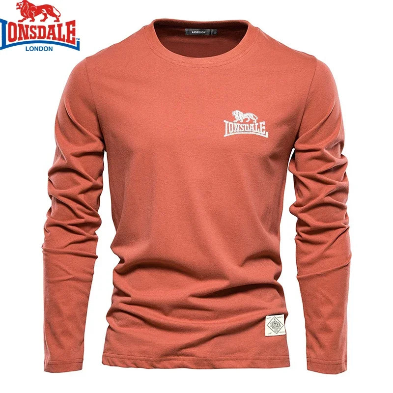 Men’s embroidered LONSDALE 100% cotton long sleeve round neck T-shirt – casual and outdoor sportswear orange