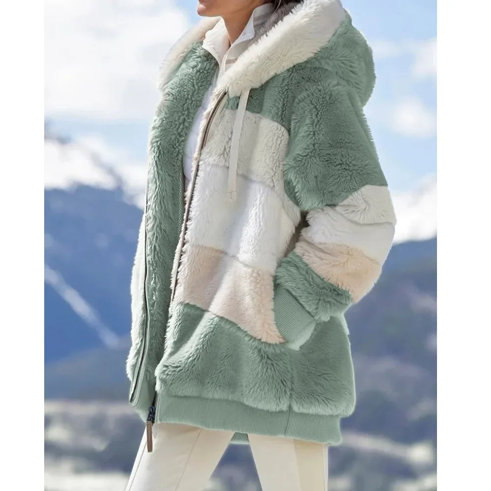 Faith Winter Fashion Women's Hooded Thick Cashmere Coat with Plaid Stitching- green