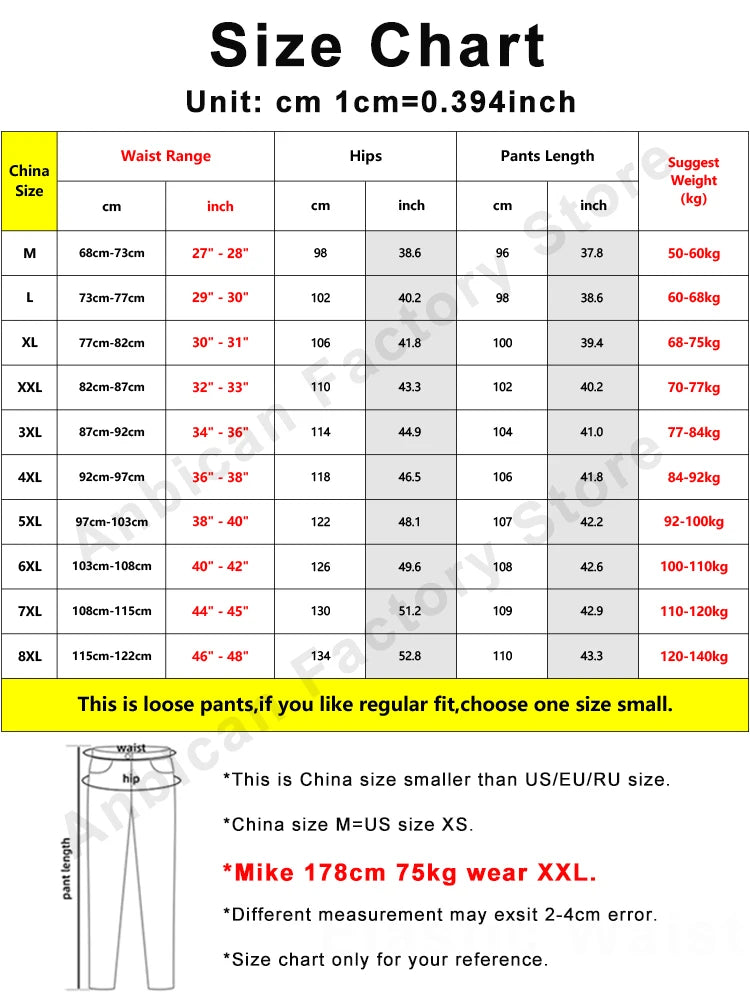 Size chart for pants with measurements in centimeters and inches, and weight suggestions.